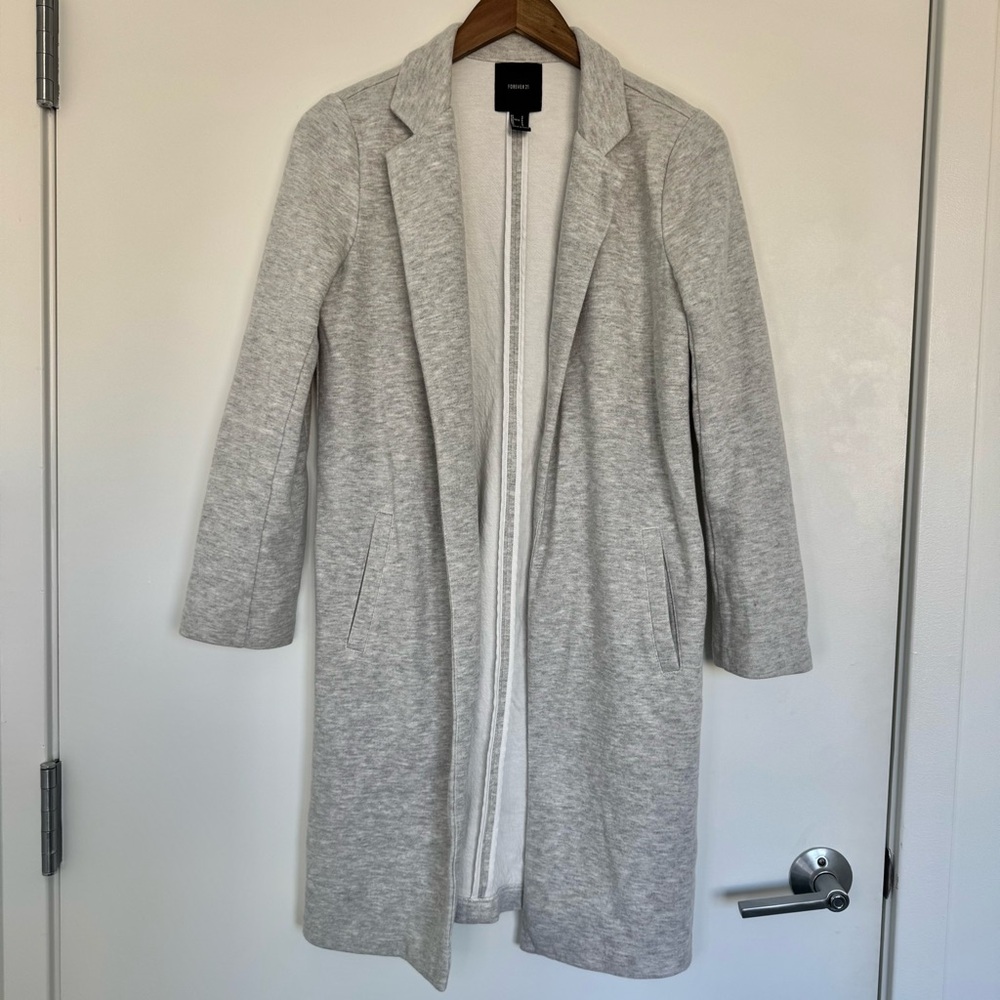 Small Forever 21 Heather Gray Longline Collared Cardigan Pockets Office Academia